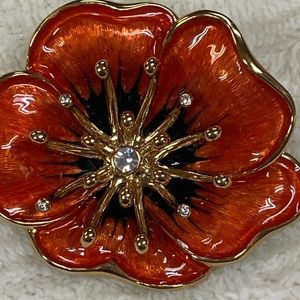 Monet SIGNED Vintage Enamel Guilloche Brooch Poppy Rhinestone Orange